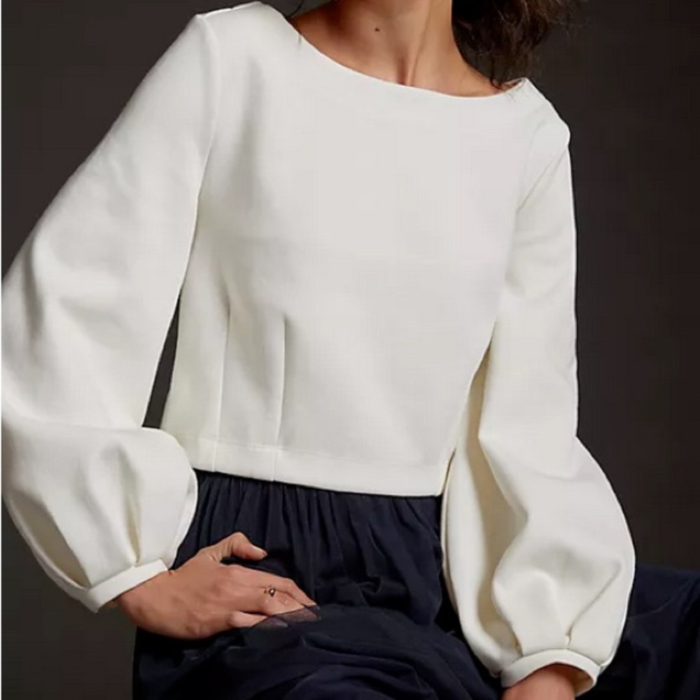 Anthropologie, Maeve, BLACK Tie-Back Ponte Pullover Top Lace Up Puff Sleeve, XXS